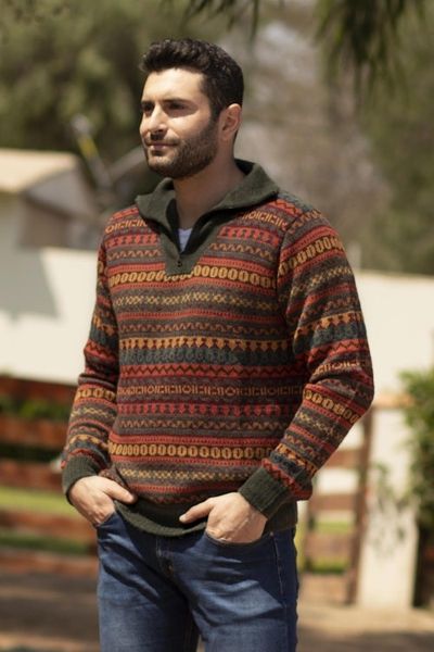Alternate image for Mens Fair Trade Alpaca Art Knit Pullover Sweater Mountain Sunset
