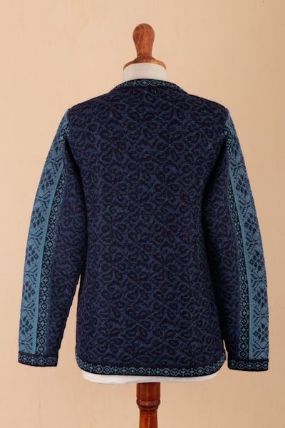 Alternate image for Handcrafted Floral Alpaca Wool Art Knit Cardigan Blue Andean Poinsettia