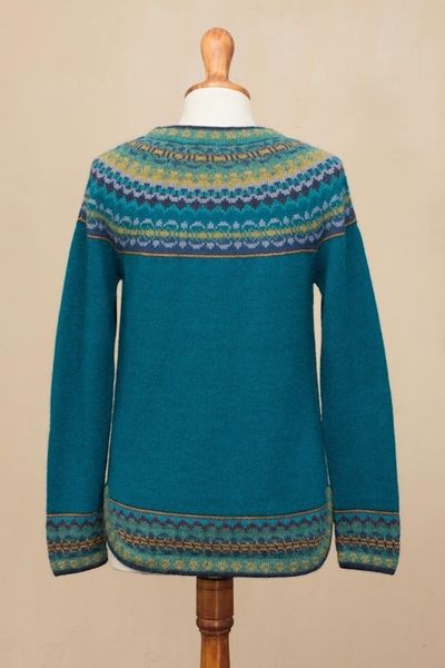 Alternate image for Teal  Blue 100 Alpaca Pullover Patterned Peruvian Sweater Playful Teal