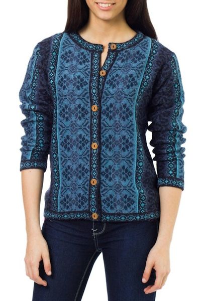 Alternate image for Handcrafted Floral Alpaca Wool Art Knit Cardigan Blue Andean Poinsettia