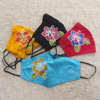 Alternate image for 4 Hand-Painted Rayon Batik Contoured Face Masks Vibrant Balinese Hibiscus