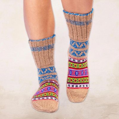 Alternate image for Hand-Knit Geometric Patterned Thick Slipper Style Socks Chai Tea