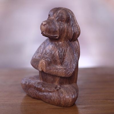 Primary image for Wood Sculpture of Meditating Long Haired Puppy Dog Meditating Long-Haired Puppy
