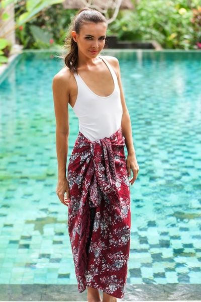 Primary image for Red Floral Rayon Sarong with Hand Stamped Batik Pattern Tropical Garden in Claret