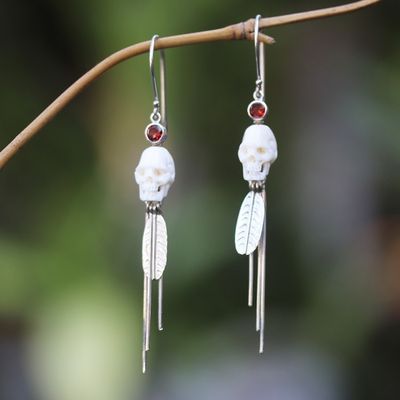 Primary image for Long Garnet Dangle Earrings with Skull Motif Skull Talisman