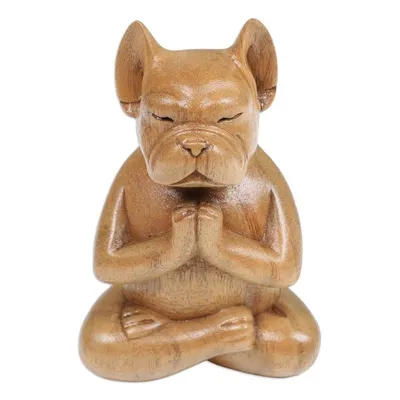 Alternate image for Hand-Carved Brown Suar Wood French Bulldog Sculpture Gratitude at Day