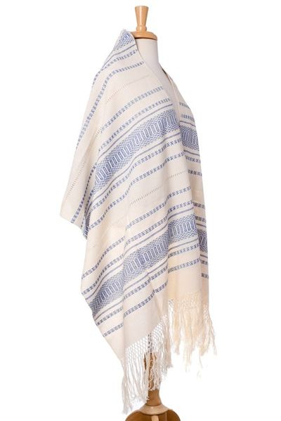Alternate image for Hand Woven All Cotton Rebozo in Blue and Off-White Oaxacan Rhythm in Sapphire