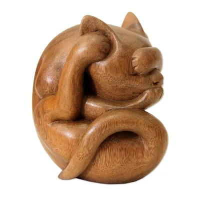 Alternate image for Indonesian Wood Yoga Sculpture Yogi Cat