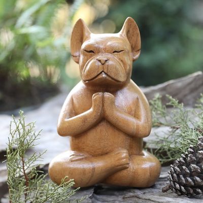 Primary image for Hand-Carved Brown Suar Wood French Bulldog Sculpture Gratitude at Day