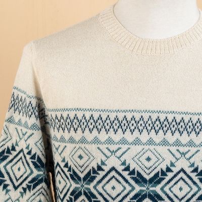 Alternate image for 100 Alpaca Mens Pullover Sweater with Geometric Design Clouds in the Andes