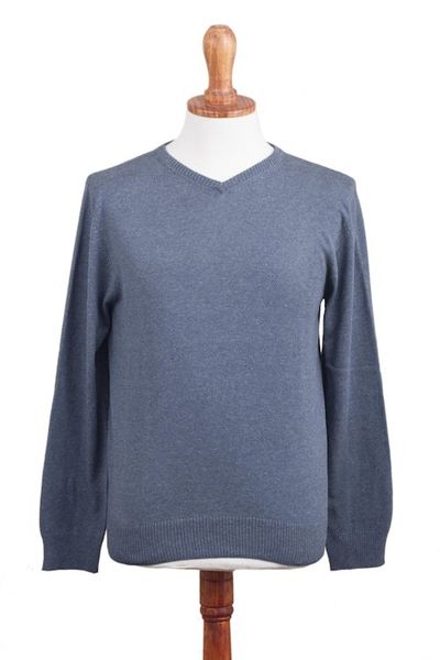 Alternate image for Mens V-Neck Cotton Blend Pullover in Indigo from Peru Warm Adventure in Indigo