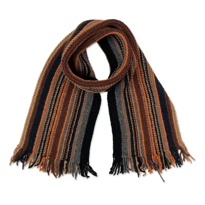 Alternate image for Handloomed Brown and Black Fringed Alpaca Blend Scarf Mystic Lands
