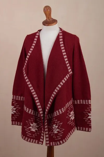 Alternate image for Red Alpaca Wool Cardigan with White Glyph Stars from Peru Glyph Stars