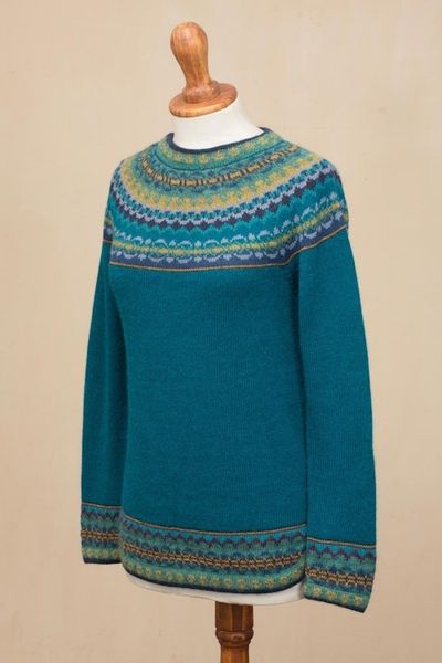 Alternate image for Teal  Blue 100 Alpaca Pullover Patterned Peruvian Sweater Playful Teal
