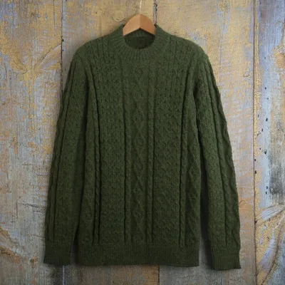 Primary image for Mens Dark Green 100 Alpaca Pullover Sweater From Peru Moss Braids