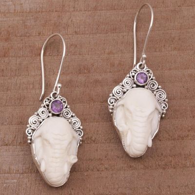 Alternate image for Amethyst Elephant Dangle Earrings with Carved Bone Elephant Grandeur