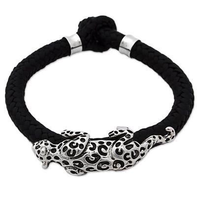 Alternate image for Hand Made Leather Sterling Silver Braided Bracelet Mexico Life of the Jaguar