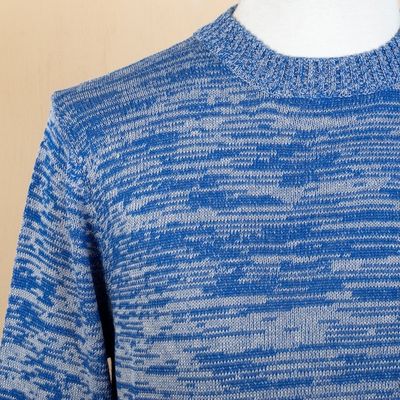 Alternate image for Knit Blue Beige Cotton Sweater for Men Made in Peru Sky Blue