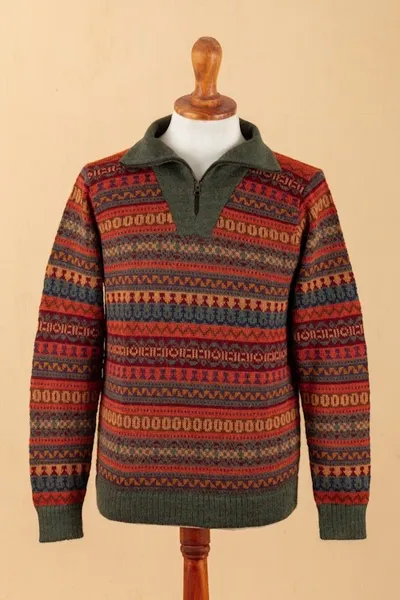 Alternate image for Mens Fair Trade Alpaca Art Knit Pullover Sweater Mountain Sunset