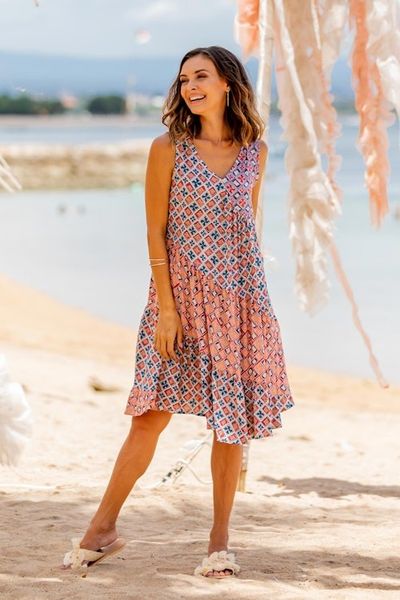 Primary image for Chili and Azure Printed Rayon Knee-Length Sundress from Bali Kelud Crisscross