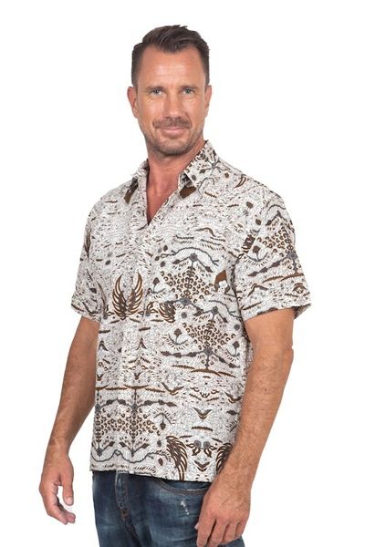 Alternate image for Mens Brown  White Short Sleeve Cotton Batik Button Shirt Continuous Love