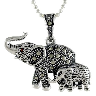 Alternate image for Garnet and Marcasite Elephant Pendant Necklace from Thailand Glistening Elephants