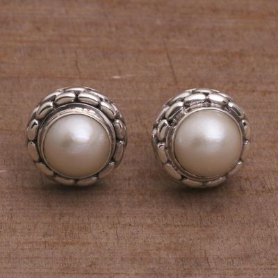 Alternate image for Cultured Pearl and Sterling Silver Button Earrings from Bali Temple Domes