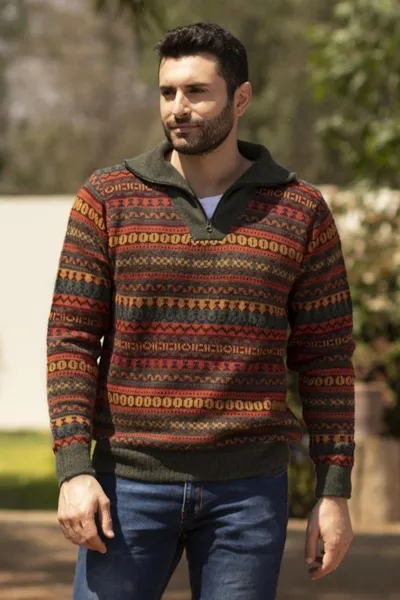 Primary image for Mens Fair Trade Alpaca Art Knit Pullover Sweater Mountain Sunset