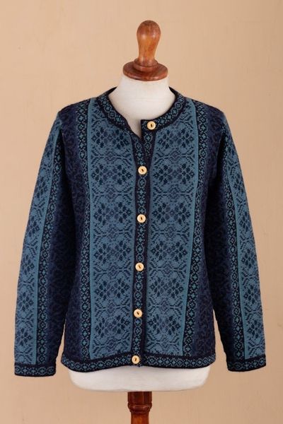 Alternate image for Handcrafted Floral Alpaca Wool Art Knit Cardigan Blue Andean Poinsettia