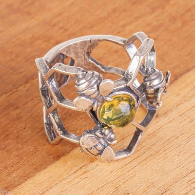 Alternate image for Amber and Sterling Silver Bee Cocktail Ring from Mexico Glowing Honey