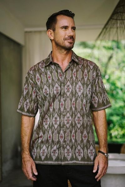 Primary image for Hand Woven Mens Short Sleeved Cotton Shirt Green Summer