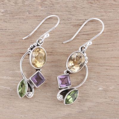 Alternate image for Citrine Amethyst Peridot and Sterling Silver Dangle Earrings Sun with Violets