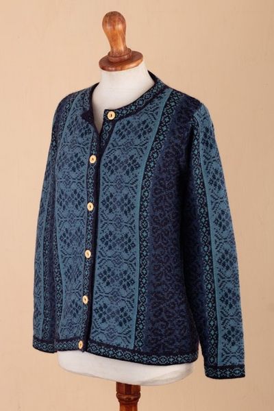 Alternate image for Handcrafted Floral Alpaca Wool Art Knit Cardigan Blue Andean Poinsettia