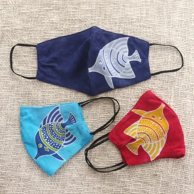 Alternate image for 3 Handmade Rayon Batik Fish Cotton 2-Layer Face Masks Balinese Fish