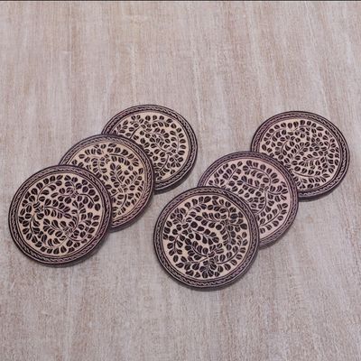Alternate image for Indonesian Cream and Black Wood Batik Coasters Set of 6 Paddy Harvest