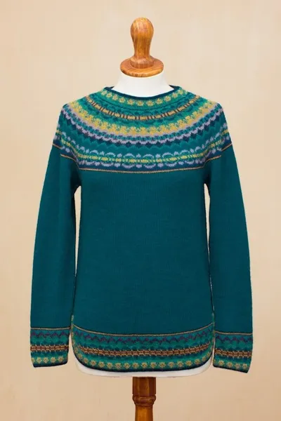 Alternate image for Teal  Blue 100 Alpaca Pullover Patterned Peruvian Sweater Playful Teal